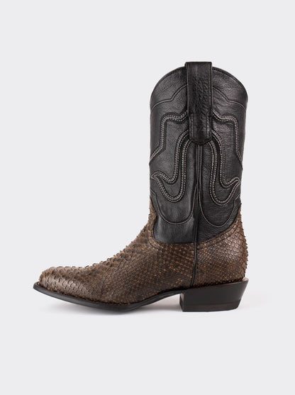 Bota Vaquera con Suela de Cuero en Piel Genuina de Pitón Taupe Estilo 1055