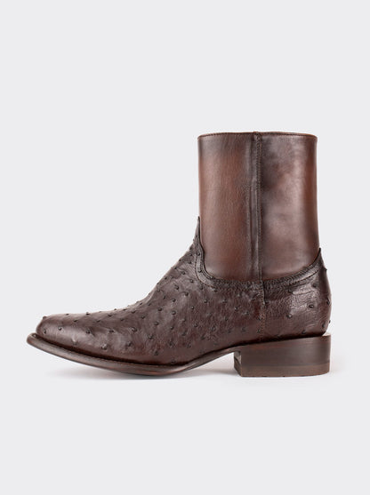 Botín Vaquero con Cierre en Piel Genuina de Avestruz color Chocolato Estilo 11200