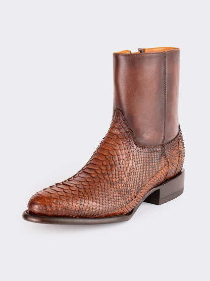Botín Vaquero con Cierre en Piel Genuina de Pitón Color Caramel Estilo 11200