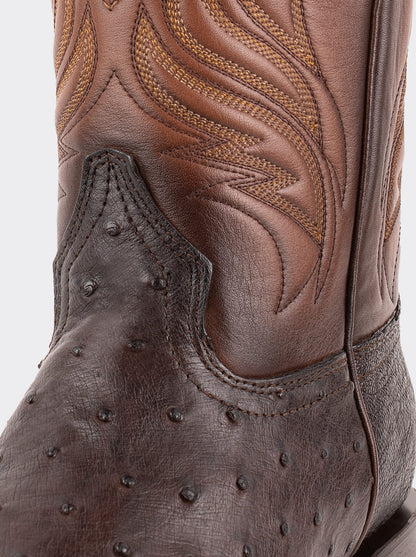 Bota Rodeo con Suela de Cuero en Piel Genuina de Avestruz Chocolato Estilo 1558