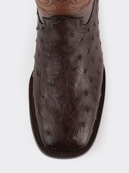 Bota Rodeo con Suela de Cuero en Piel Genuina de Avestruz Chocolato Estilo 1558