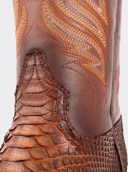 Bota Rodeo con Suela de Cuero en Piel Genuina de Pitón Caramel Estilo 1558