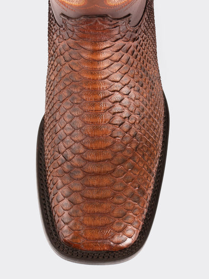 Bota Rodeo con Suela de Cuero en Piel Genuina de Pitón Caramel Estilo 1558