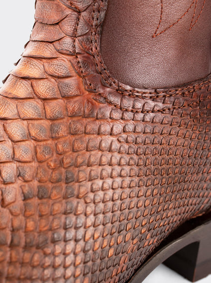 Bota Rodeo con Suela de Cuero en Piel Genuina de Pitón Caramel Estilo 1558