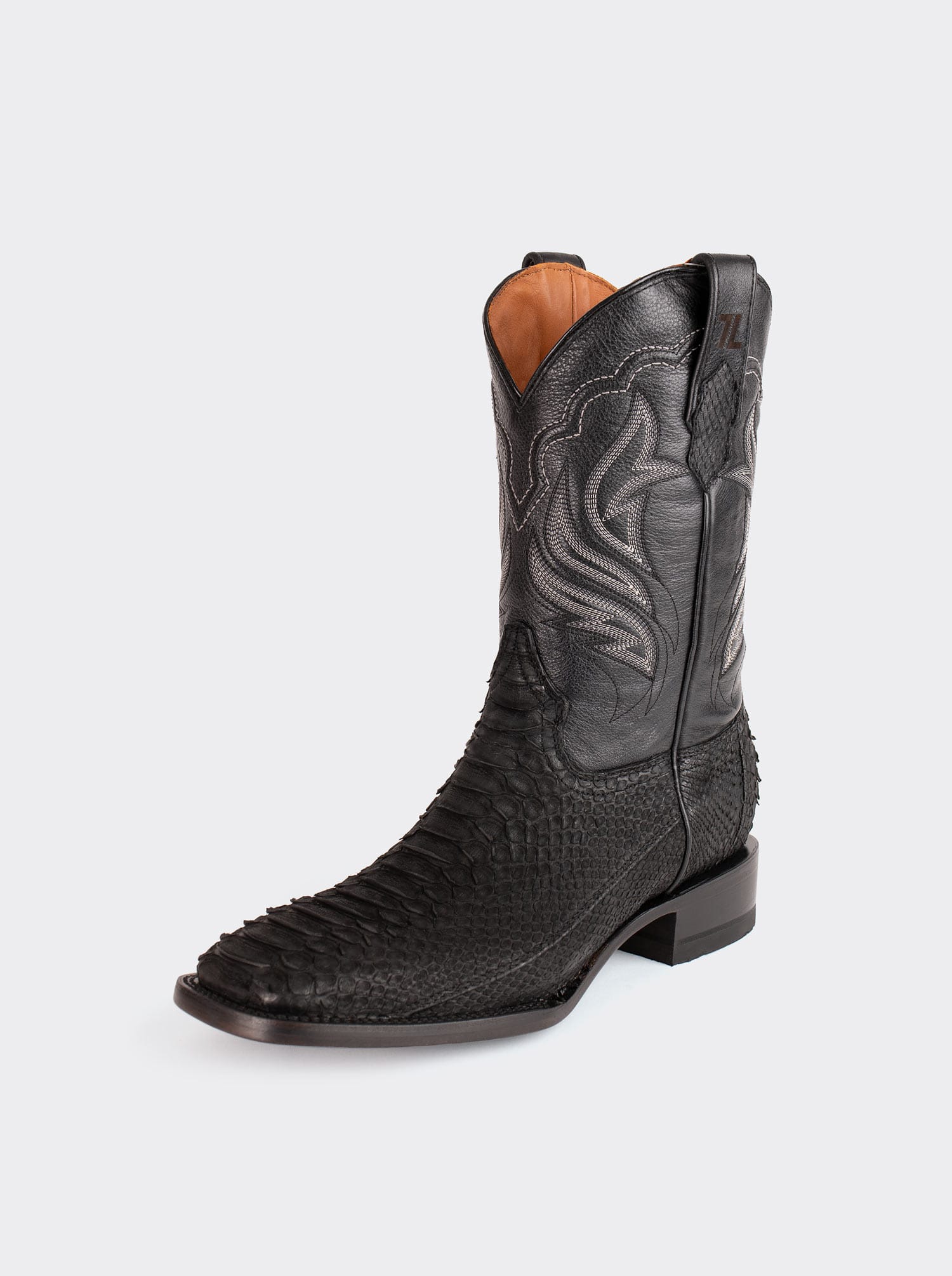 Bota Rodeo con Suela de Cuero en Piel Genuina de Pitón Nobuck Negro Estilo 1558