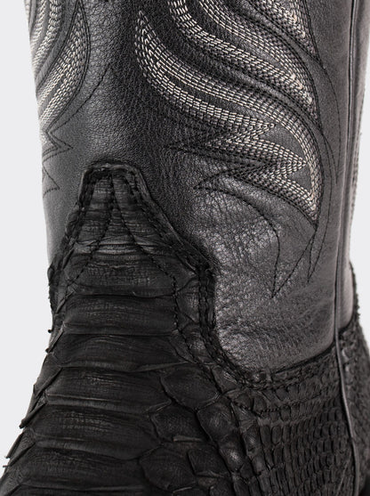 Bota Rodeo con Suela de Cuero en Piel Genuina de Pitón Nobuck Negro Estilo 1558