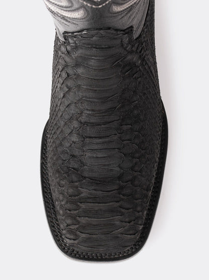 Bota Rodeo con Suela de Cuero en Piel Genuina de Pitón Nobuck Negro Estilo 1558