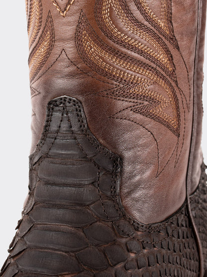 Bota Rodeo con Suela de Cuero en Piel Genuina de Pitón Nobuck Café Estilo 1558