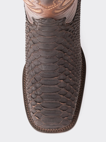 Bota Rodeo con Suela de Cuero en Piel Genuina de Pitón Nobuck Café Estilo 1558