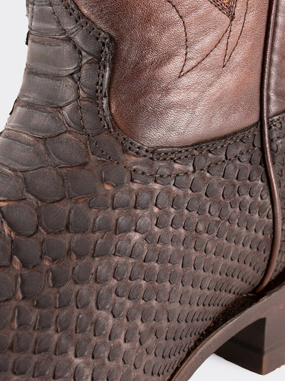 Bota Rodeo con Suela de Cuero en Piel Genuina de Pitón Nobuck Café Estilo 1558